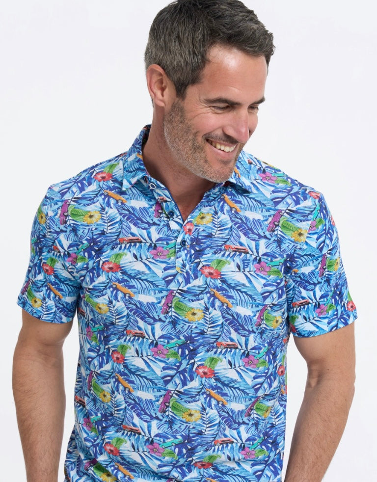 New R2 Amsterdam Blue Car Print Polo Shirt