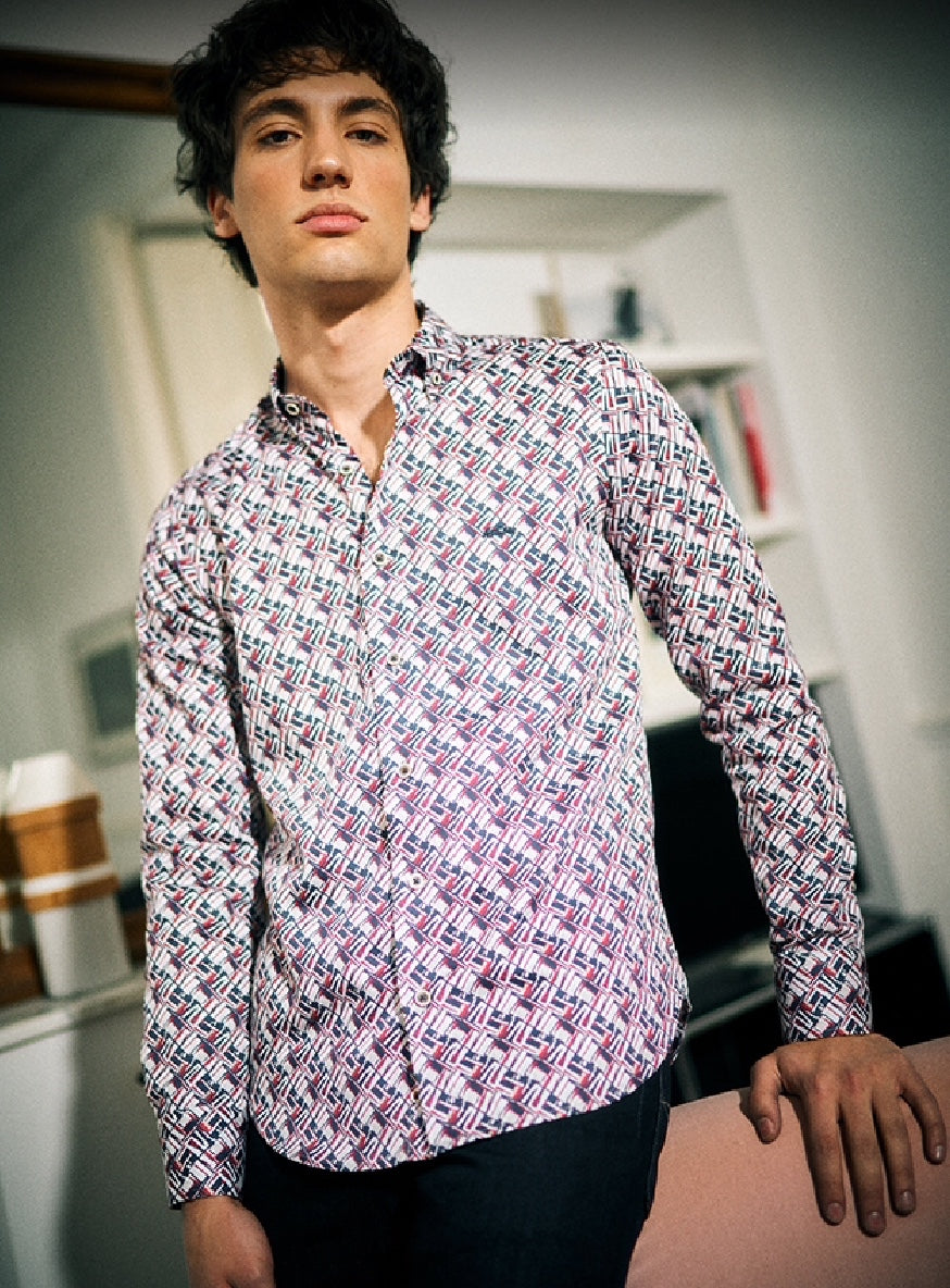 New Dario Beltran Red Squares Print Long Sleeve Shirt