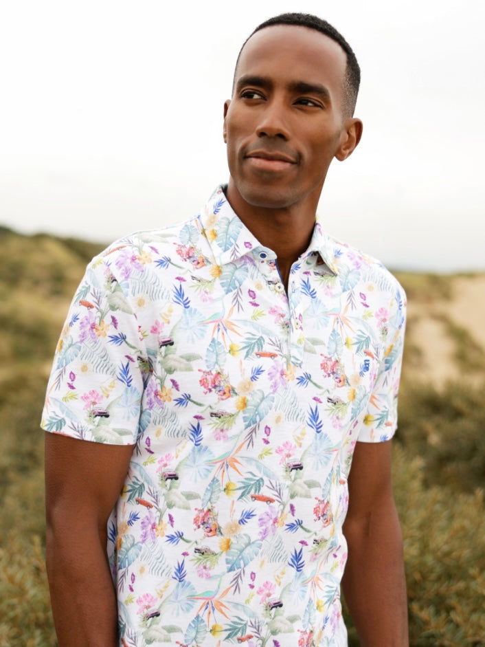 New R2 Amsterdam White Car Print Polo Shirt