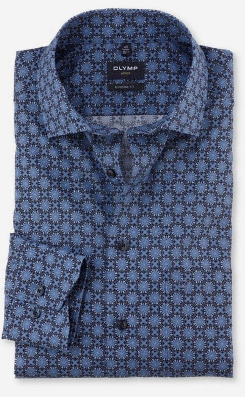 New Olymp Denim Blue Flower Long Sleeve Shirt