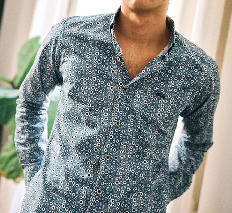 New Dario Beltran Blue Flowers Print Long Sleeve Shirt