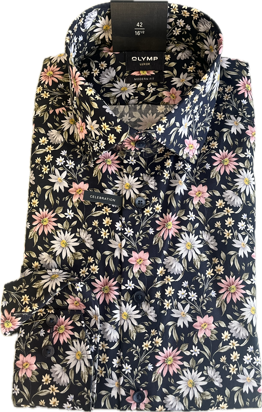 New Olymp Navy and Pink Flower Long Sleeve Shirt