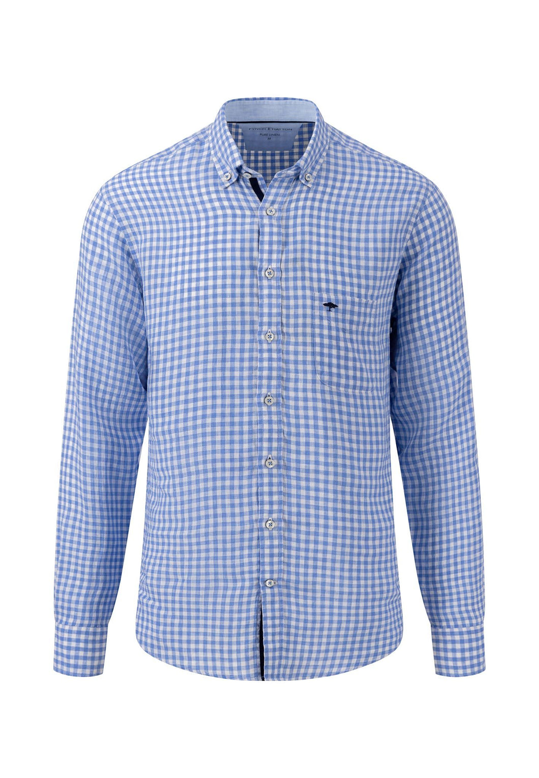 New Fynch Hatton Blue Linen Check Long Sleeve Shirt
